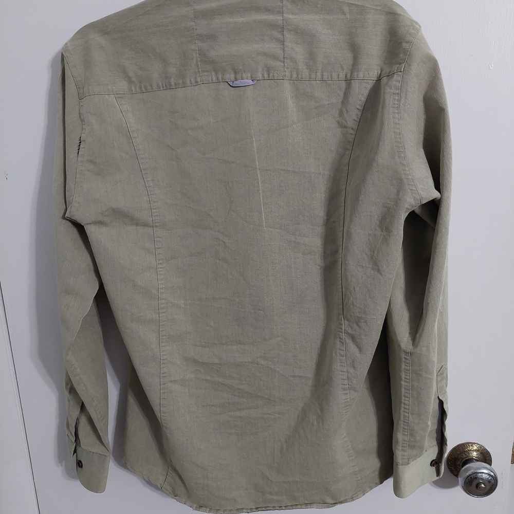 Olive Green Casual Band Collar Button-Down Shirt - Picture 3 of 4